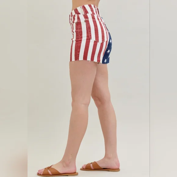 Judy Blue High-Rise Stars Stripes Jean USA American Flag Raw Hem Denim Shorts